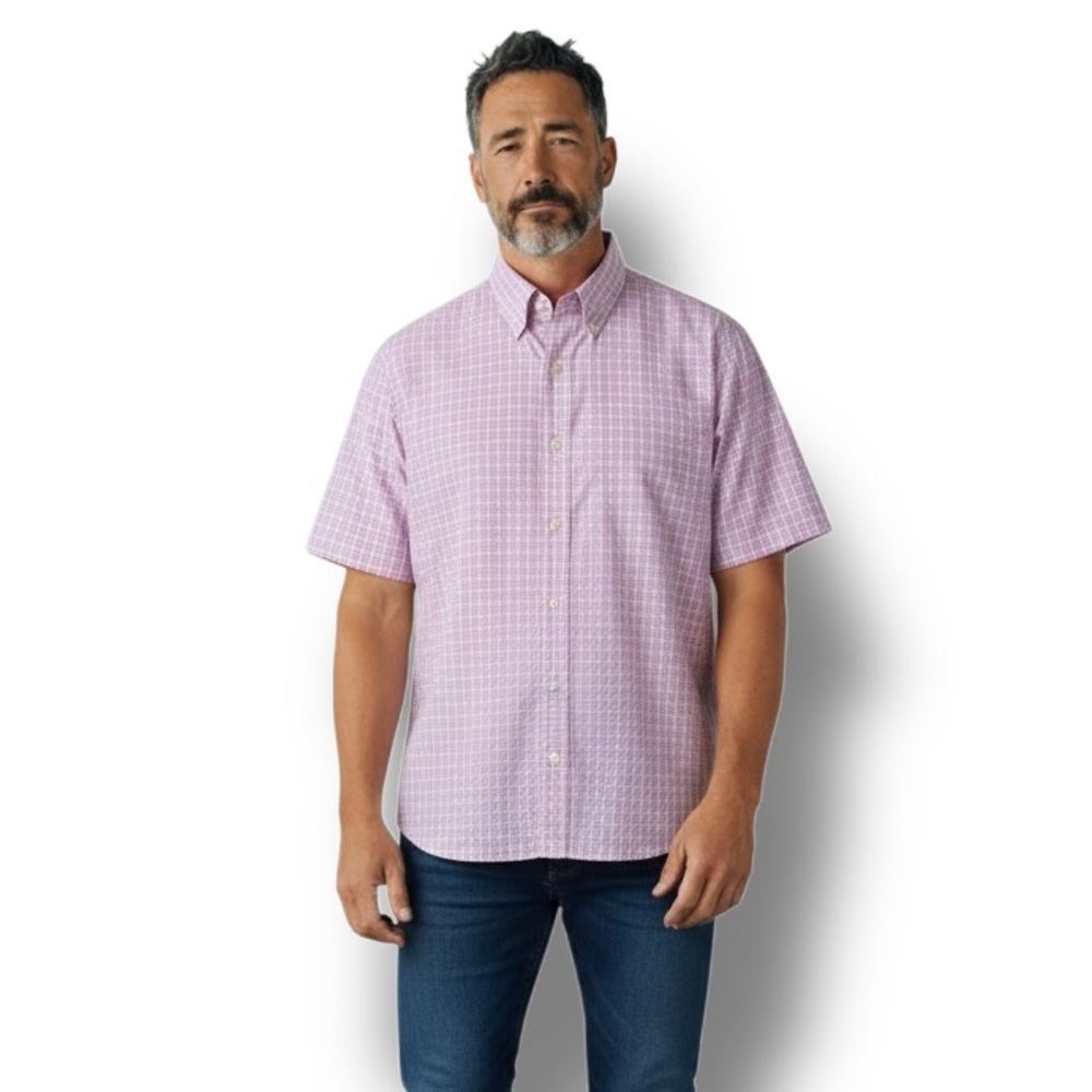 Cremieux Classics Mens Short Sleeve Button-Up Shirt Cotton Check Plaid Pink 2XB